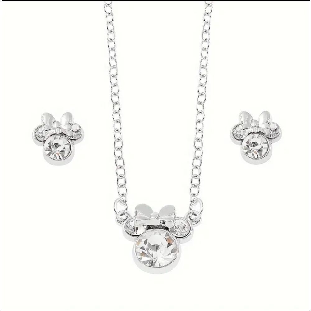 Silver Rhinestone Mickey Minnie Necklace Earrings Matching Set